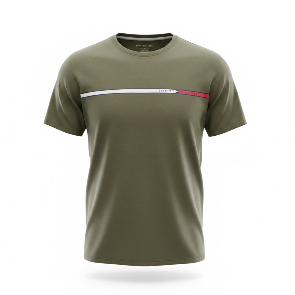 Tommy Hilfiger Men's Two Tone Chest Striped Crew Neck T-Shirt in Army Green